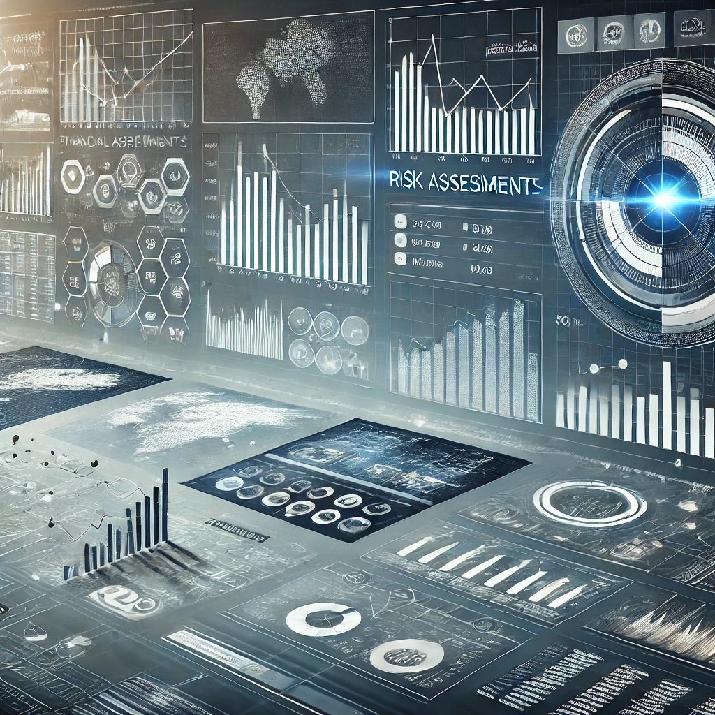 DALL·E 2025-03-12 13.50.48 - A modern and sleek digital dashboard displaying financial data, risk assessments, and compliance metrics. The design is minimalistic and professional,